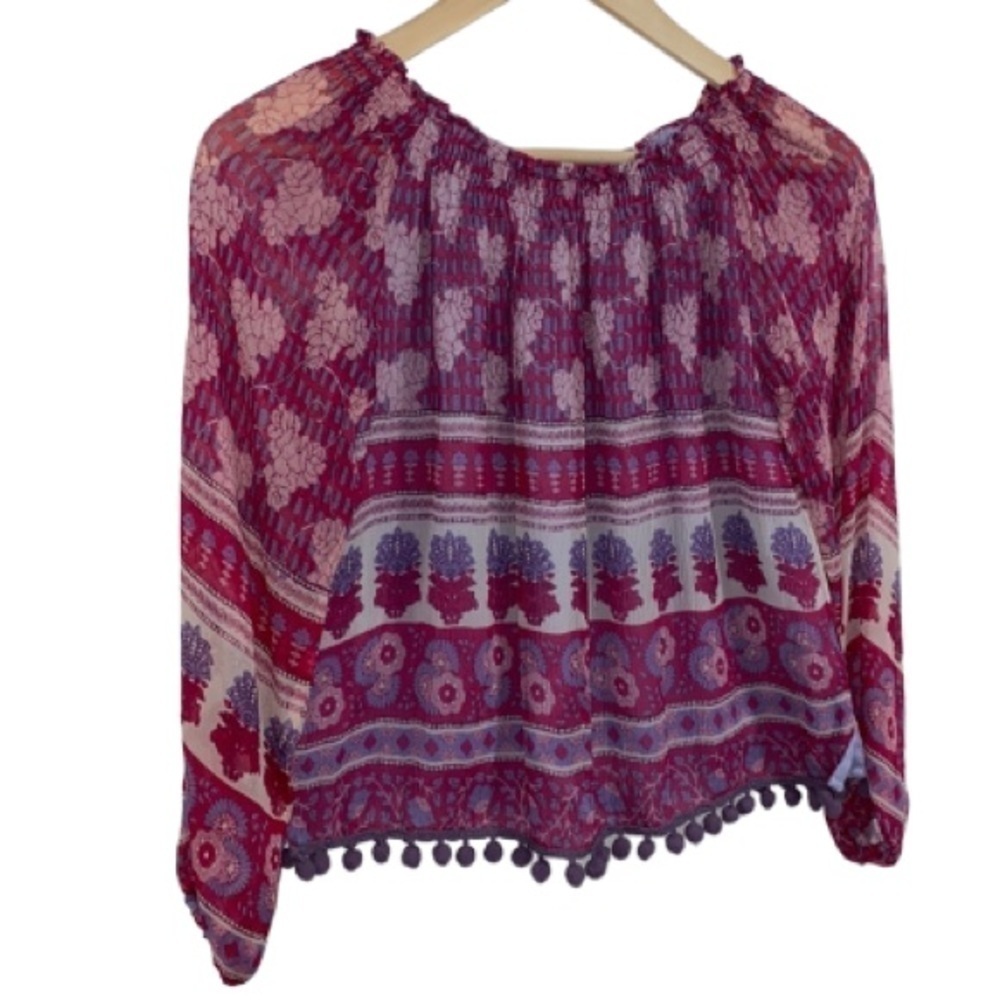 Chaser shirt Pom Pom blouse off the shoulder silk‎ blend boho festive hippie xs